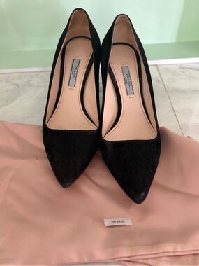 Prada Black Suede Pointed Toe Pumps with Gold Kitten Heel